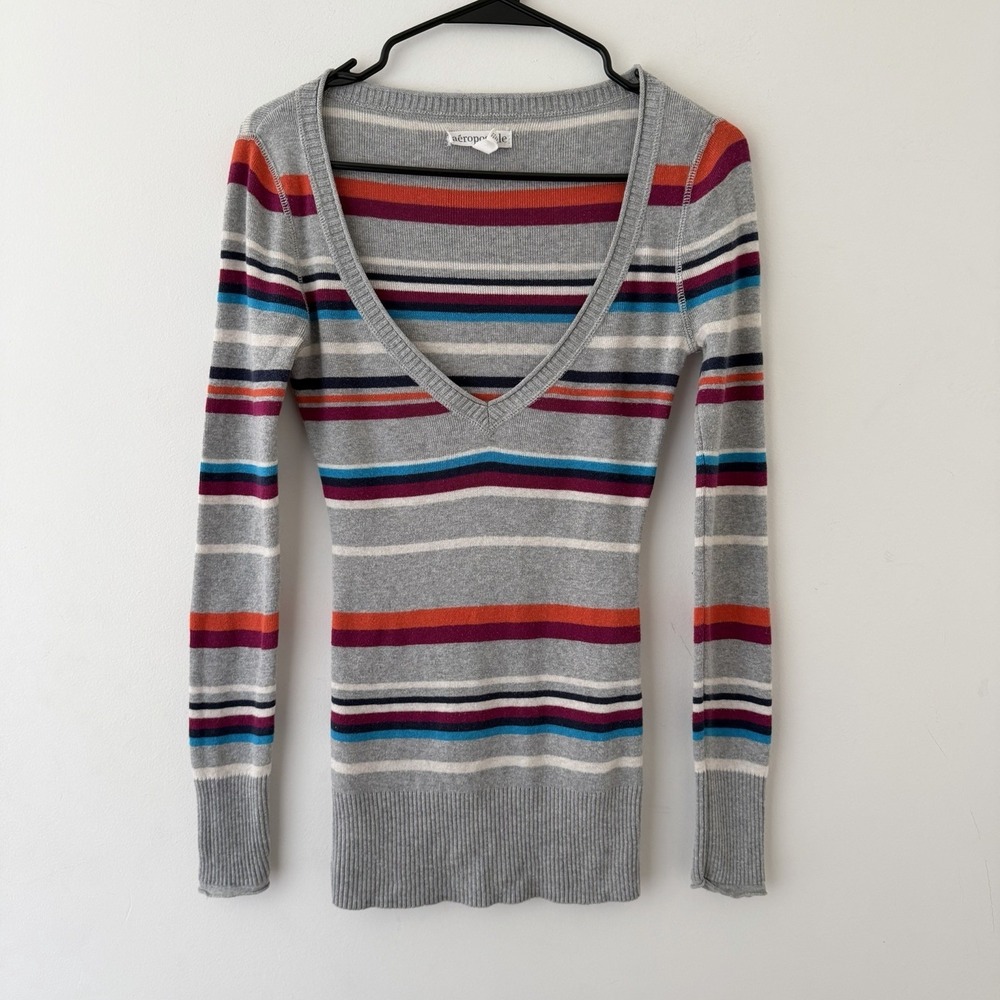 Vintage Aeropostale Womens Y2K Deep V Neck Sweater Size S Preppy Striped 00s